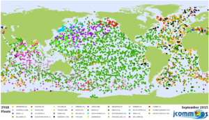 Distribución mundial de las sondas Argo en 2015, Autor: Hjfreeland, Wikimedia Commons.